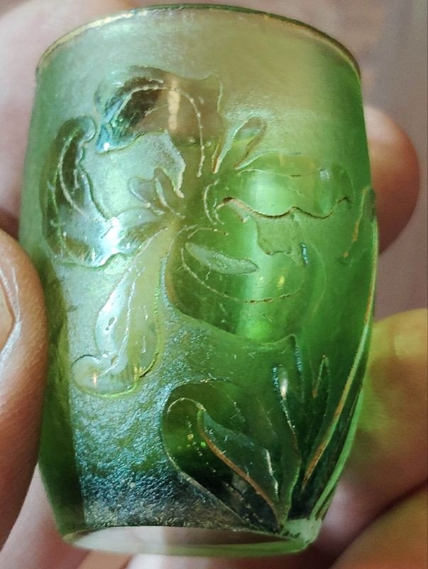 Daum Nancy Cross Of Lorraine Miniature Green Vase Acid-etched Decorations Of Iris Signed-photo-4