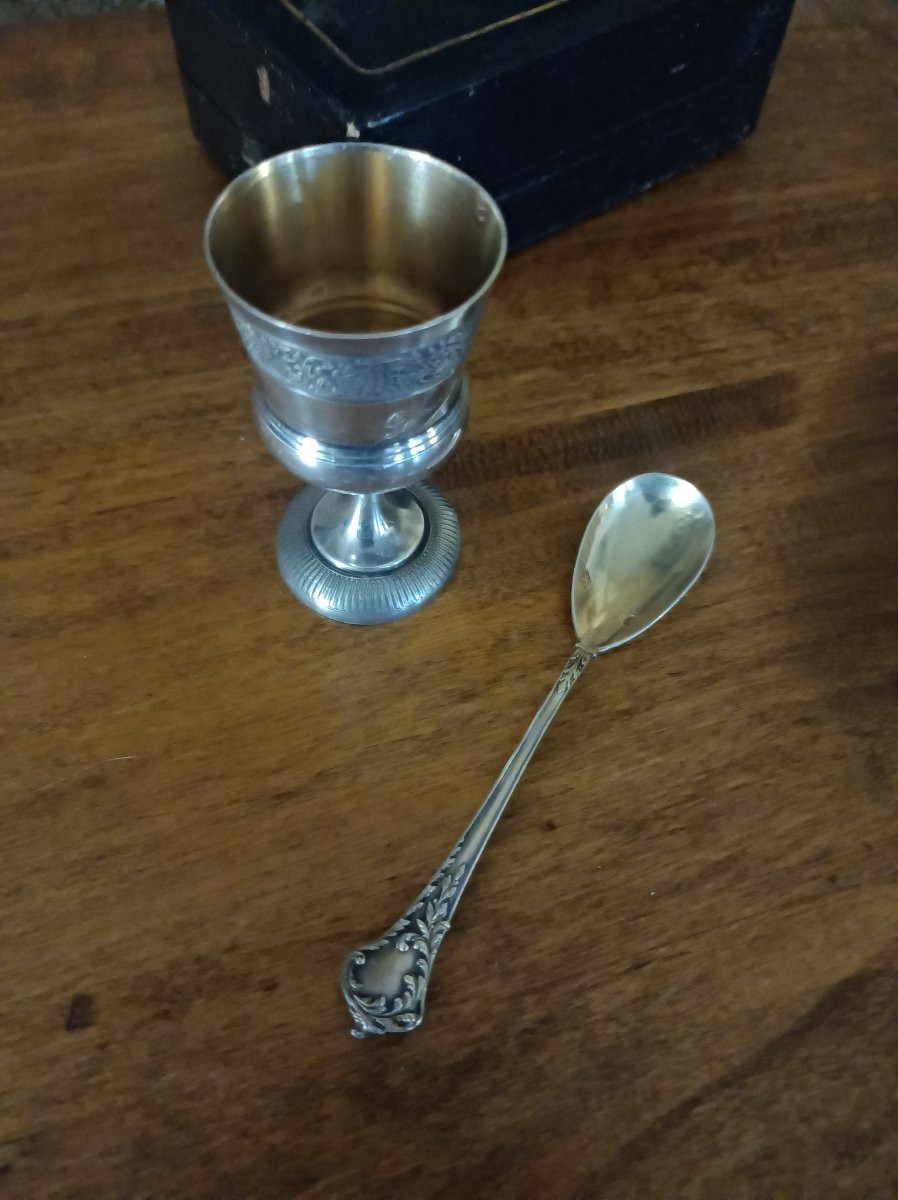 coffret d'un coquetier et d'une cuillère à œuf en  argent massif vermeille  XIXe siecle-photo-2
