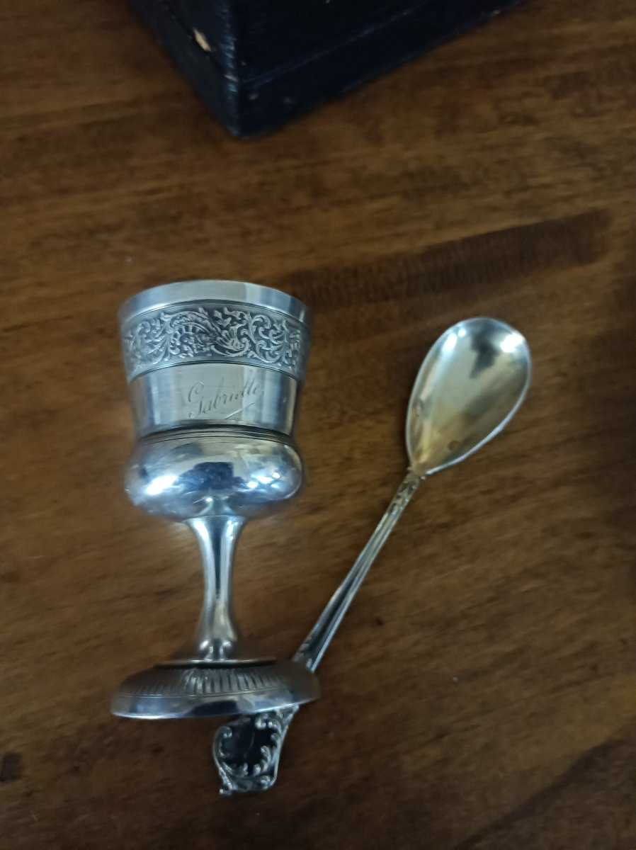 coffret d'un coquetier et d'une cuillère à œuf en  argent massif vermeille  XIXe siecle-photo-3