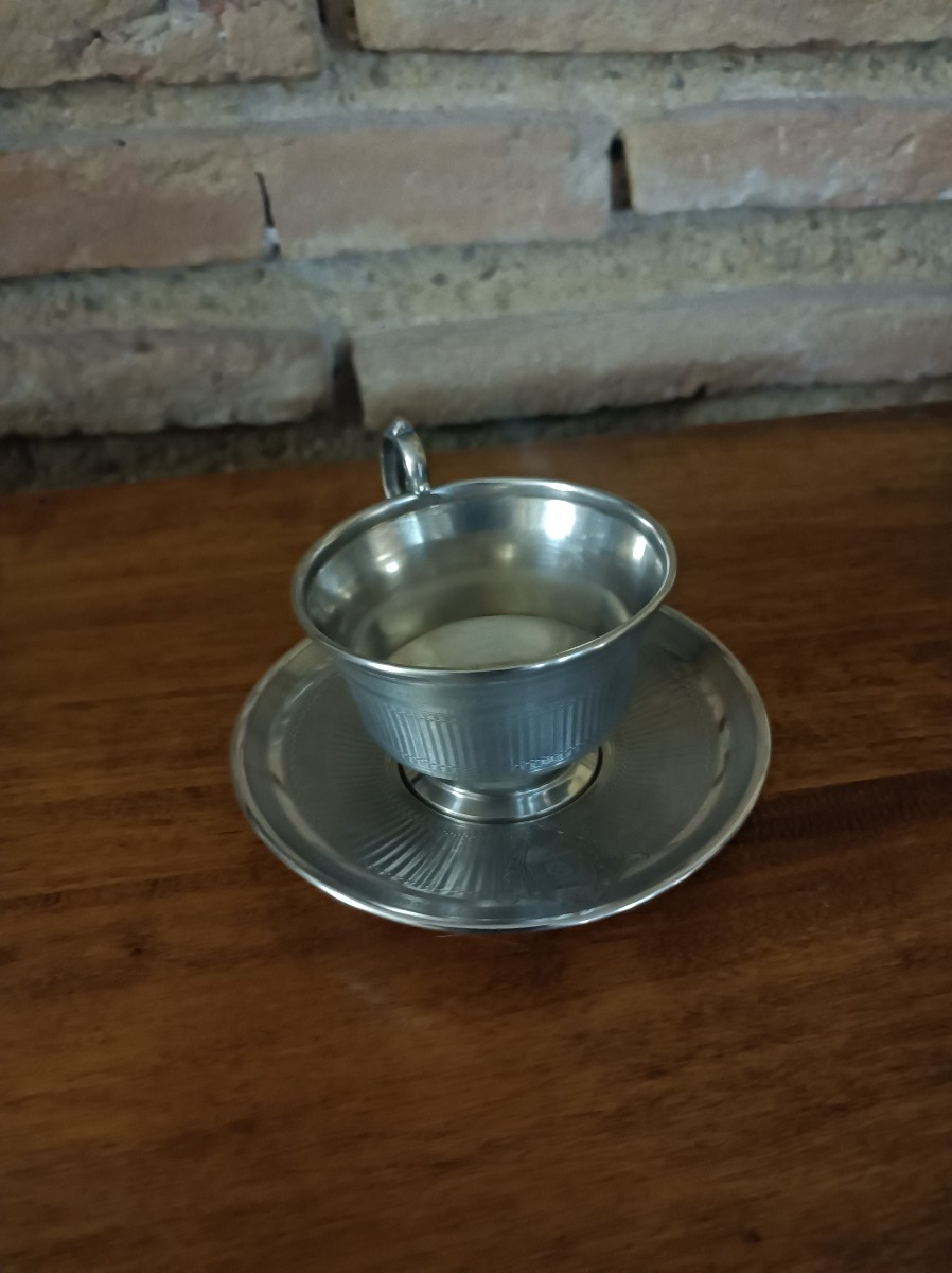 Tasse à chocolat et sa soucoupe en argent massif armorié orfèvre Roussel paris XIX éme Siecle -photo-2