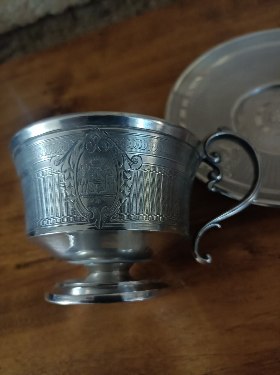 Tasse à chocolat et sa soucoupe en argent massif armorié orfèvre Roussel paris XIX éme Siecle -photo-3