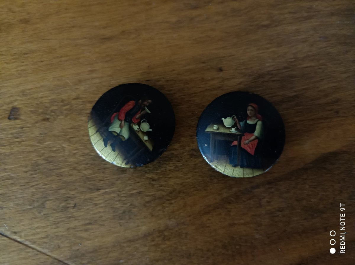 Pair Of Lacquered And Painted Bronze Collar Buttons, Imperial Russia, 19th Century-photo-4