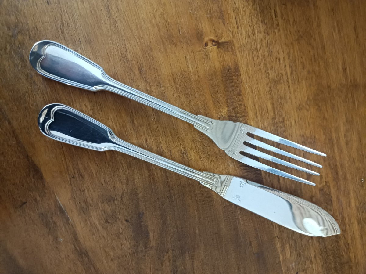  CHRISTOFLE 12 couverts a poisson modèle FILET CHINON métal argenté-photo-2