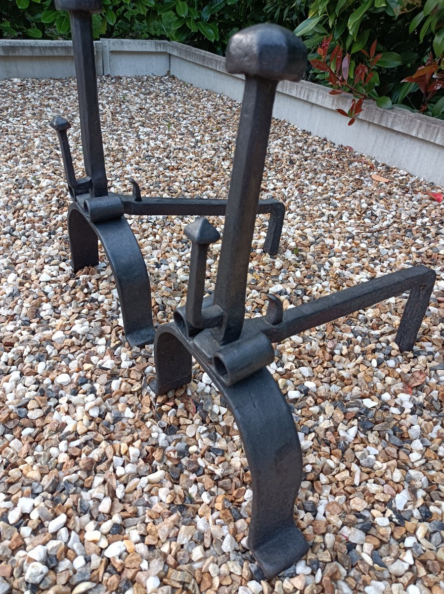 Paire de chenets en fer forgé d'époque 18ème siècle-photo-3