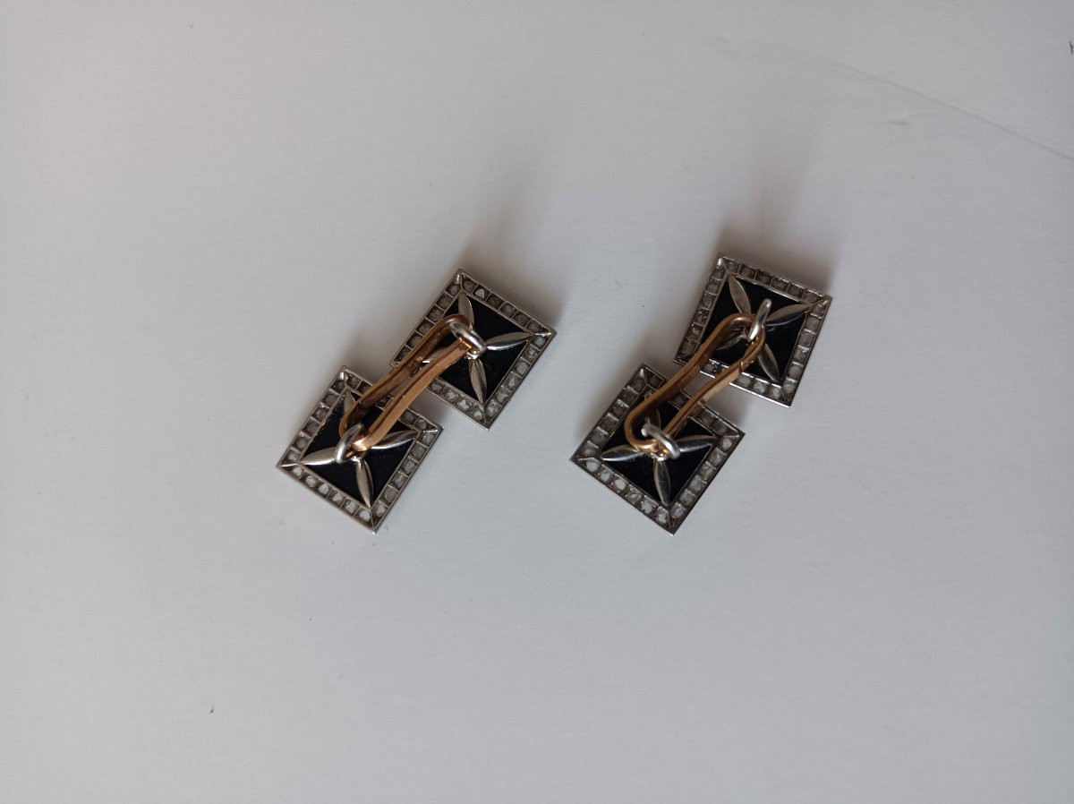 Art Deco Cufflinks In Platinum, Rose-cut Diamonds, Onyx And 18-carat Gold-photo-3