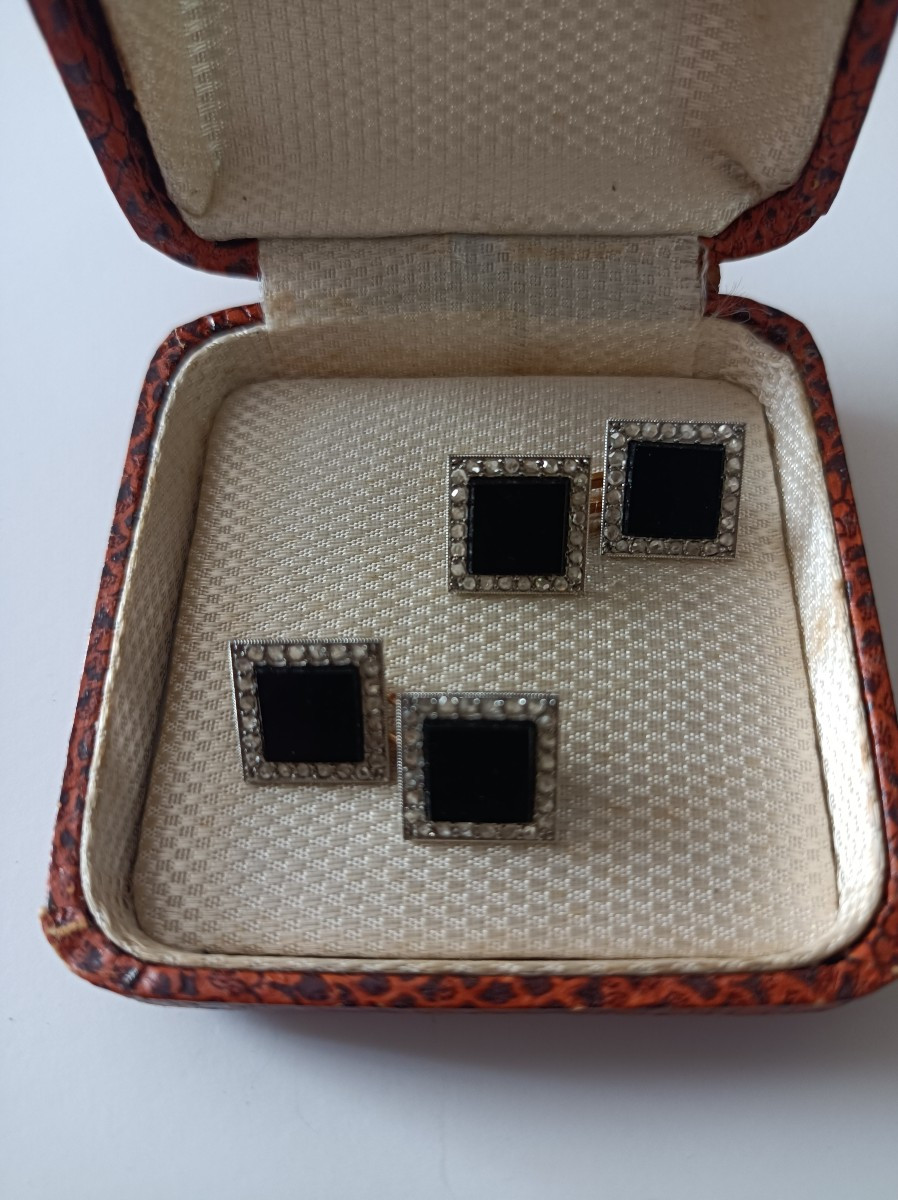 Art Deco Cufflinks In Platinum, Rose-cut Diamonds, Onyx And 18-carat Gold