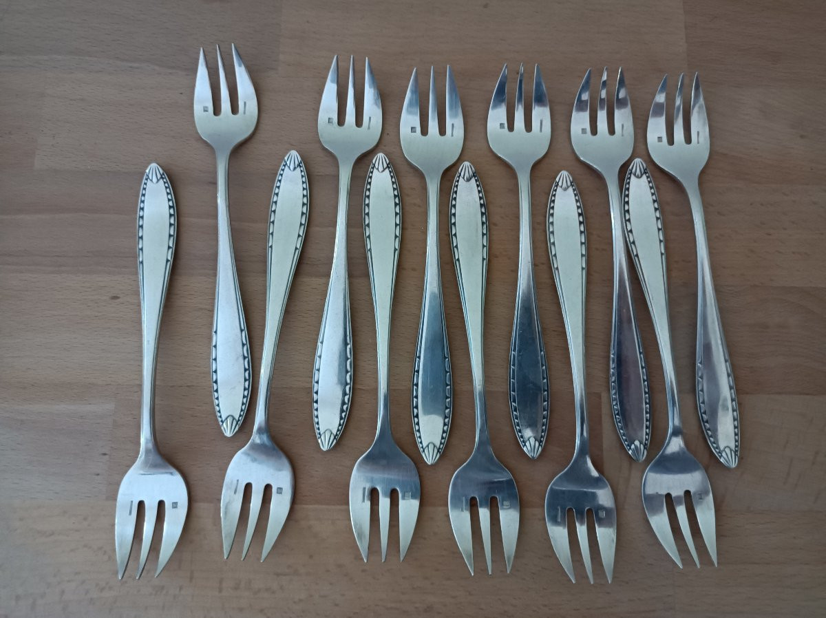 Christofle Art Deco Model Albatros Boxed Set Of 12 Oyster Forks-photo-2