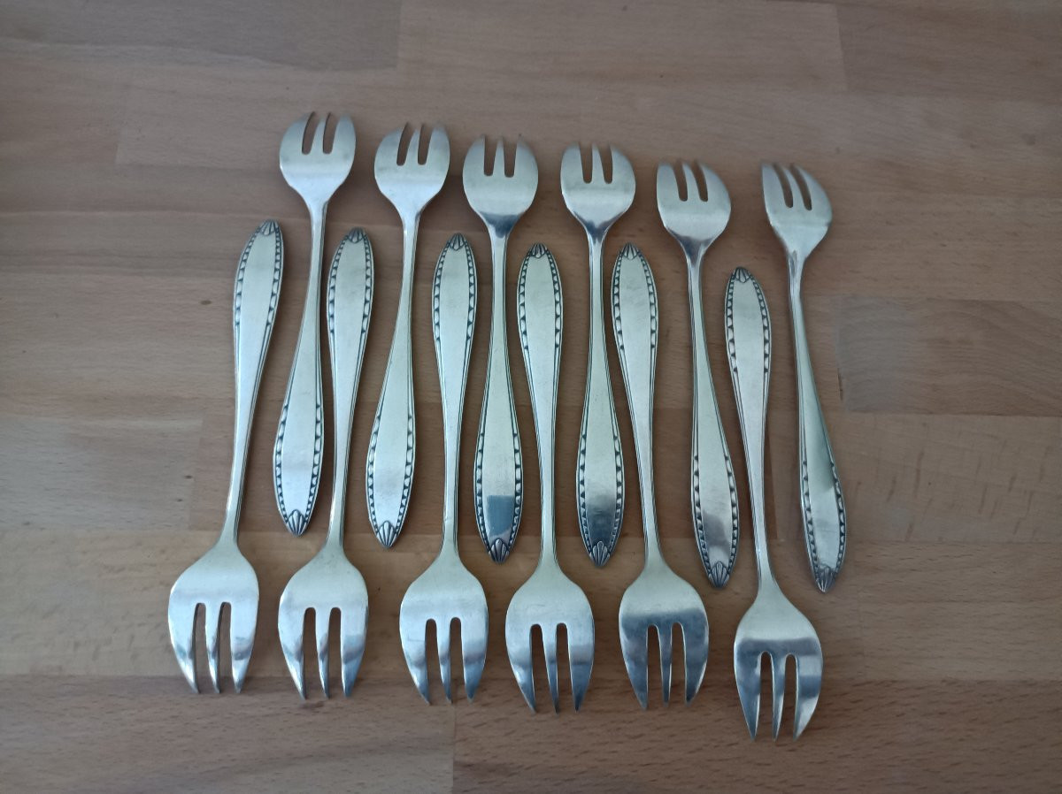 Christofle Art Deco Model Albatros Boxed Set Of 12 Oyster Forks-photo-3