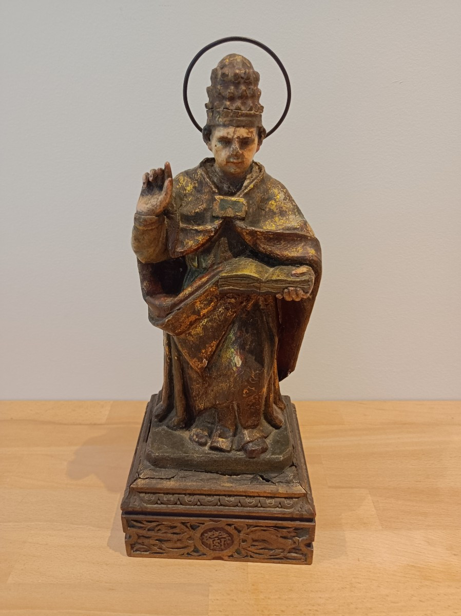 Statue Of A Saint Bishop In Carved Wood, Polychrome & Gilded Late 18th Century