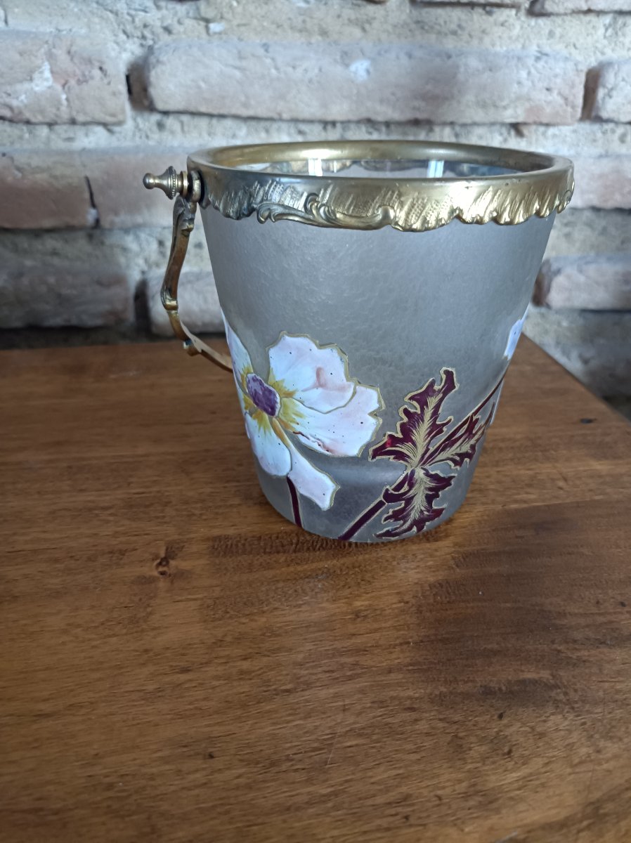 Seau à glaçons Art Nouveau en verre givré émaillé d'orchidées - vers 1900-photo-2