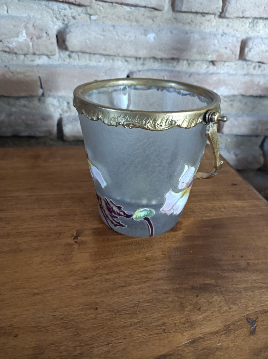Seau à glaçons Art Nouveau en verre givré émaillé d'orchidées - vers 1900-photo-3