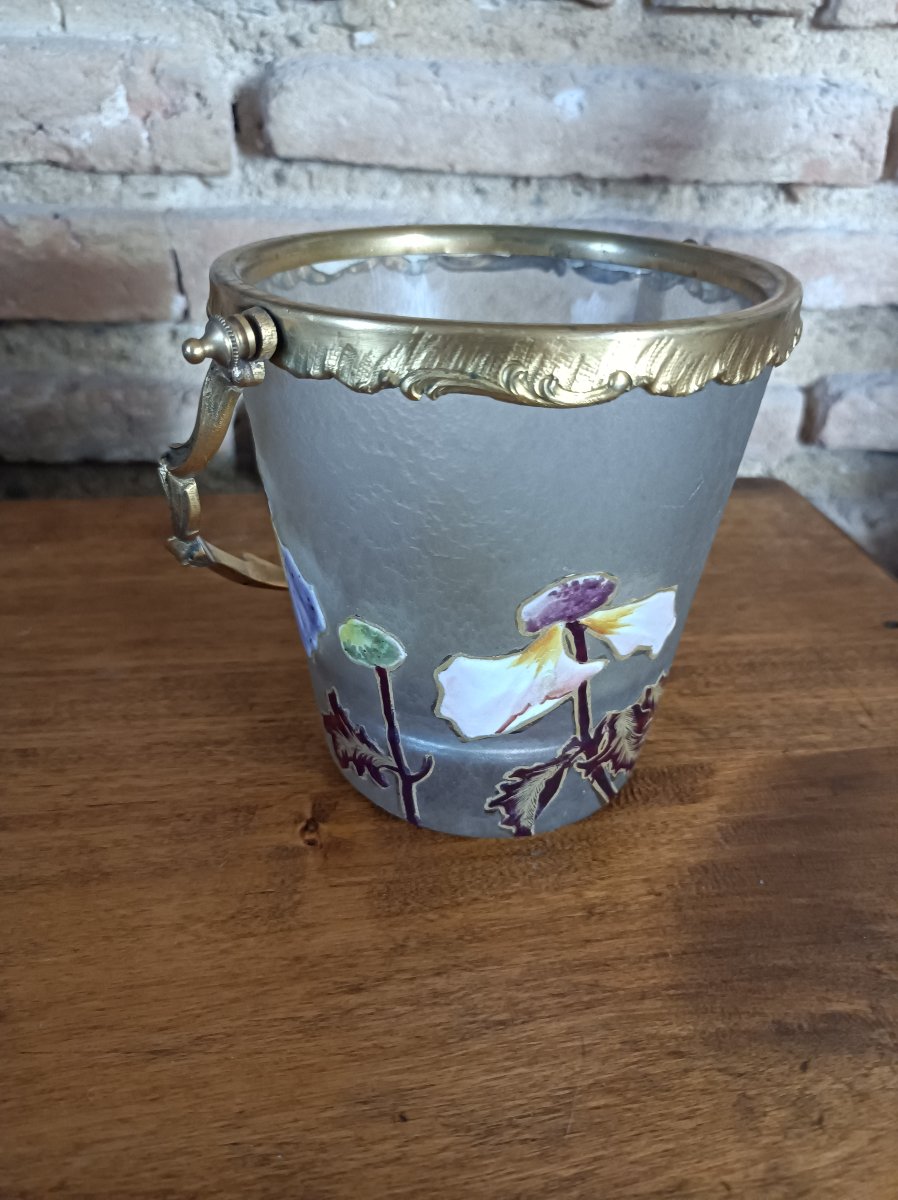 Seau à glaçons Art Nouveau en verre givré émaillé d'orchidées - vers 1900-photo-4