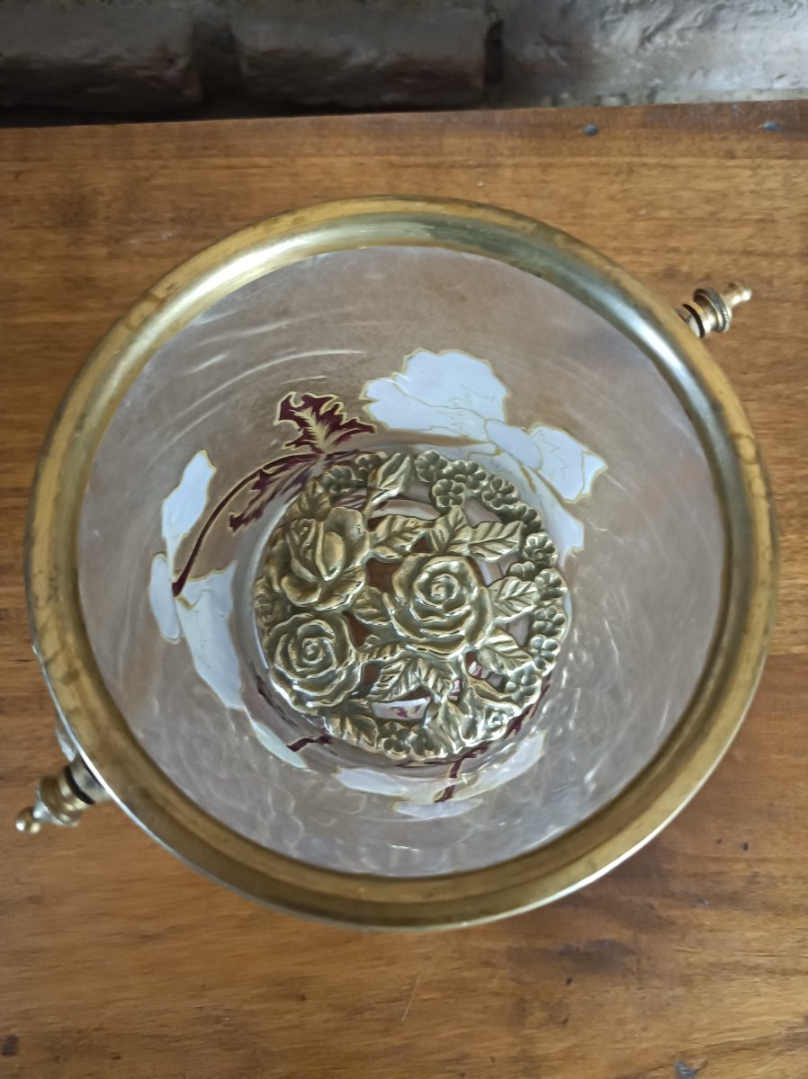 Seau à glaçons Art Nouveau en verre givré émaillé d'orchidées - vers 1900-photo-1