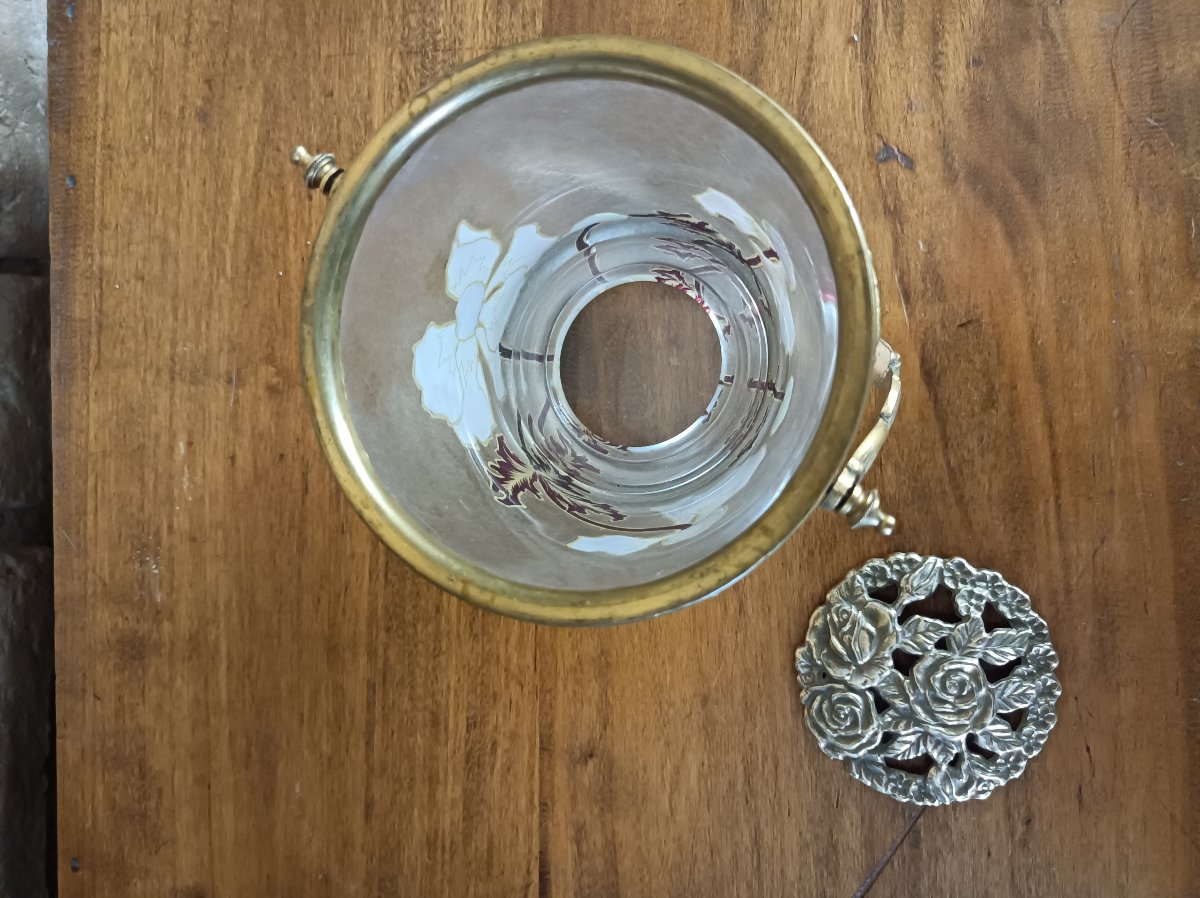 Seau à glaçons Art Nouveau en verre givré émaillé d'orchidées - vers 1900-photo-3