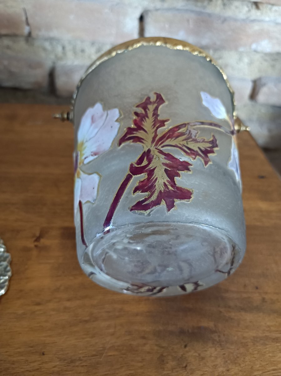 Seau à glaçons Art Nouveau en verre givré émaillé d'orchidées - vers 1900-photo-6