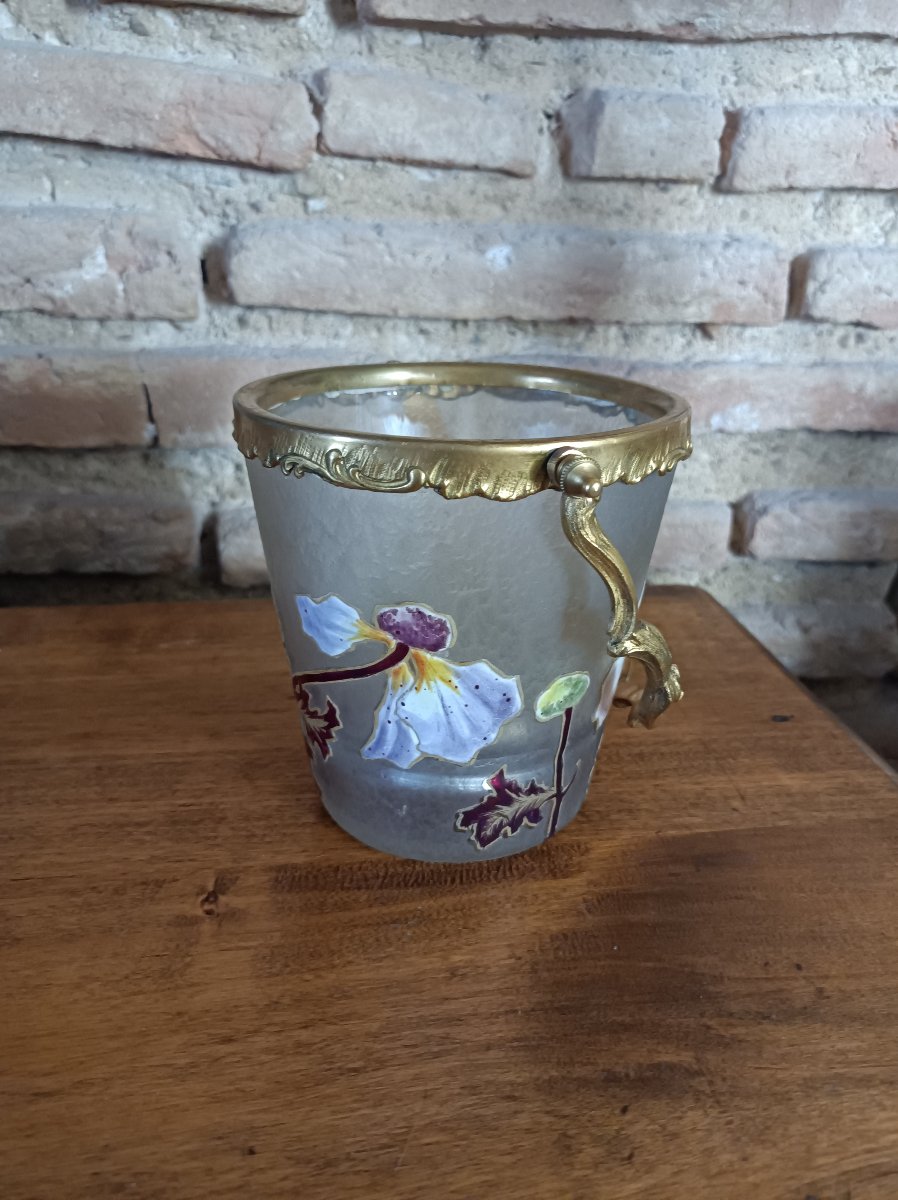 Seau à glaçons Art Nouveau en verre givré émaillé d'orchidées - vers 1900