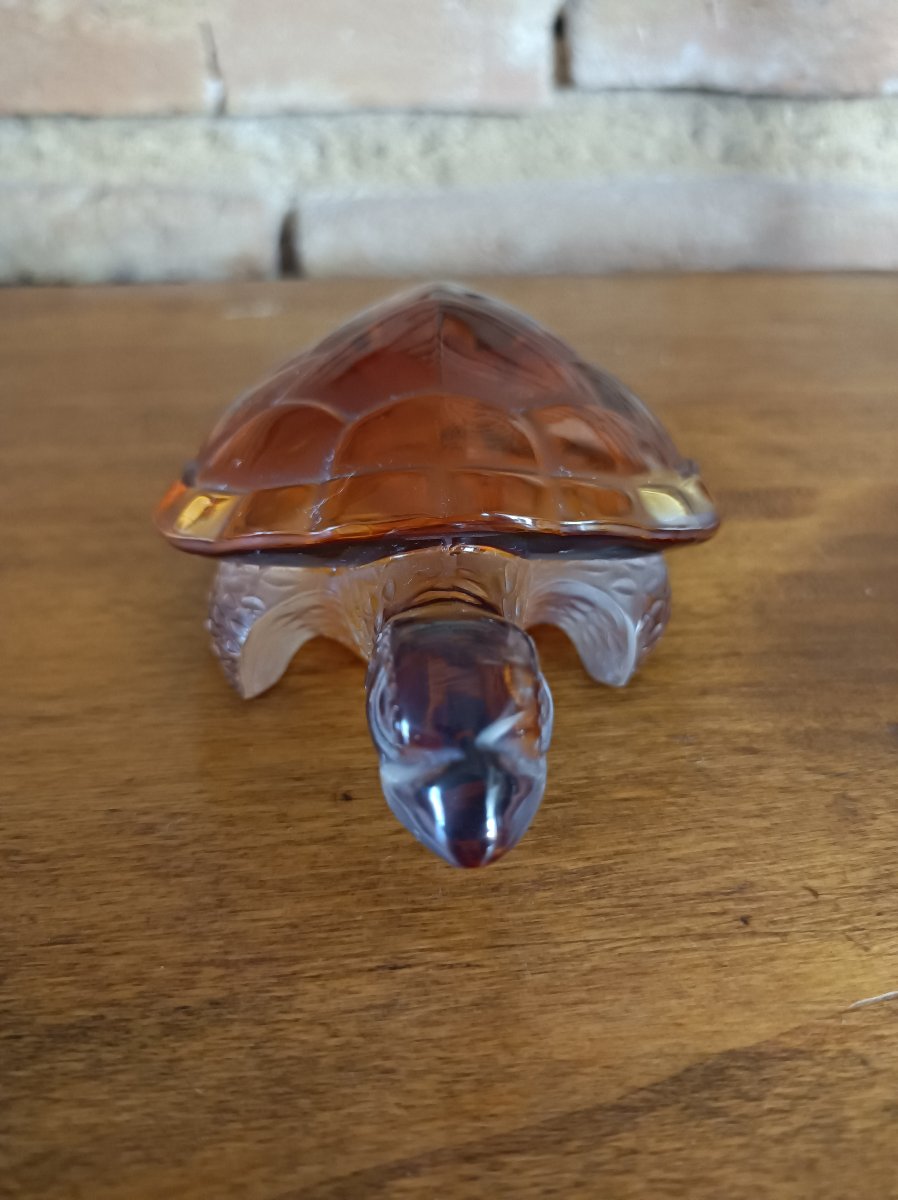 Lalique France Clear Crystal And Amber Turtle Model Caroline-photo-3