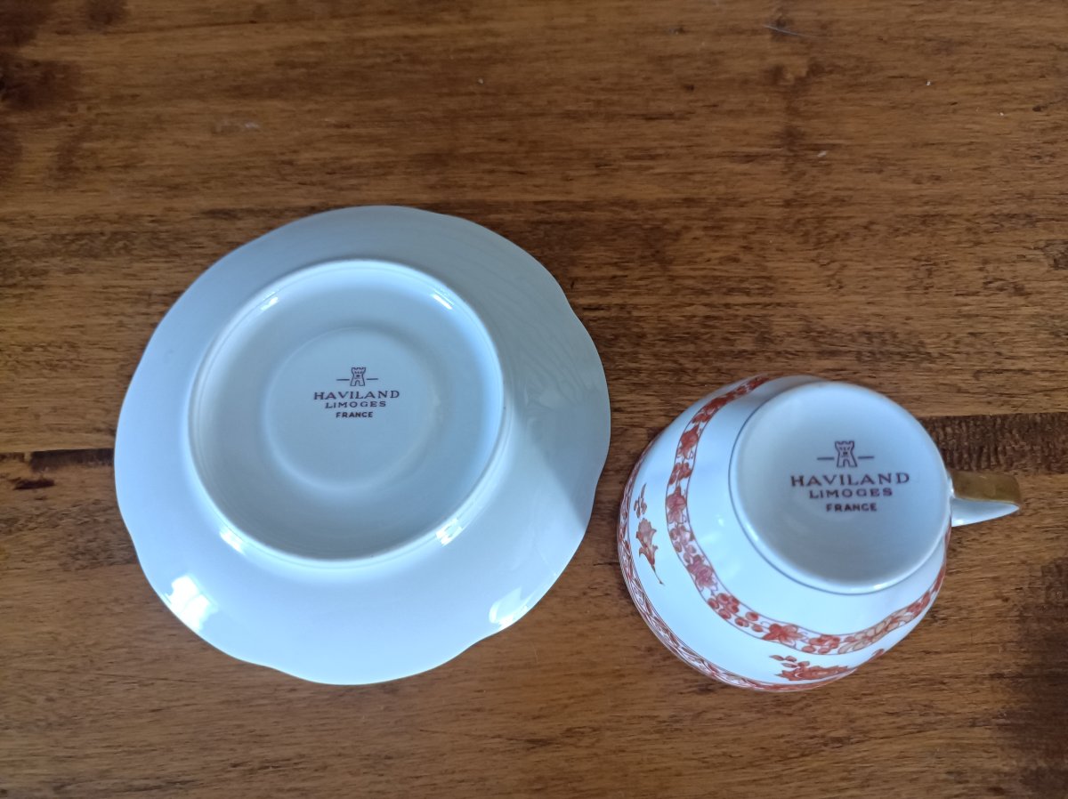  Limoges Haviland six tasses à café en porcelaine modèle arbre de vie corail.-photo-2