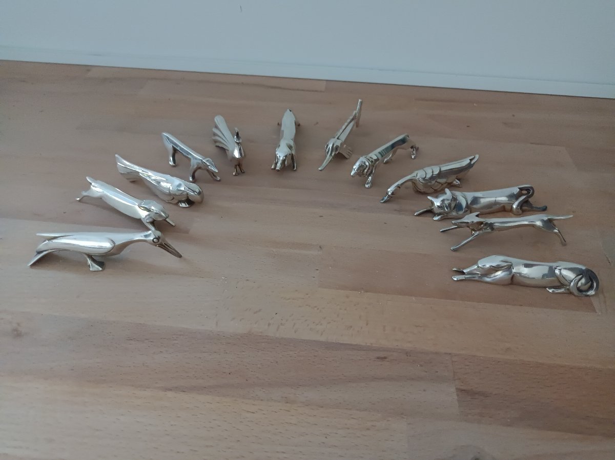 Marcel Sandoz For Christofle Gallia: 12 Animal-shaped Silver-plated Metal Knife Rests, Circa 1930-photo-1