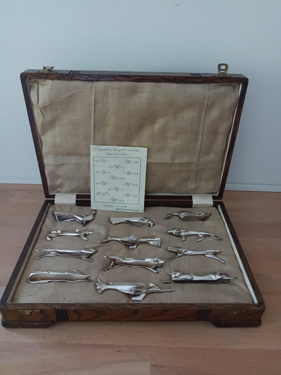 Marcel Sandoz For Christofle Gallia: 12 Animal-shaped Silver-plated Metal Knife Rests, Circa 1930