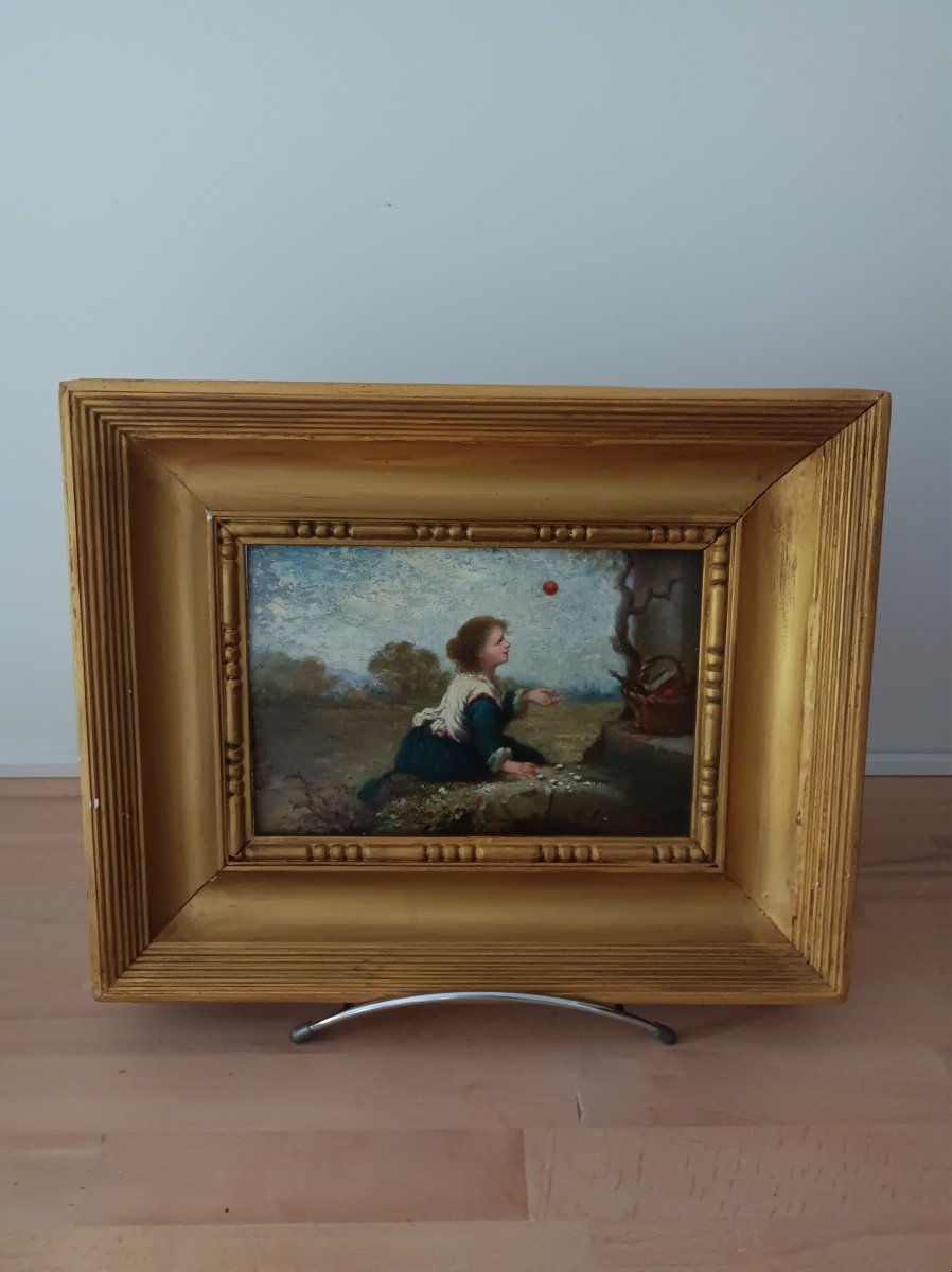 Fanny Gambogi  jeune fille à la balle huile sur panneau signé et daté 1868 -photo-2