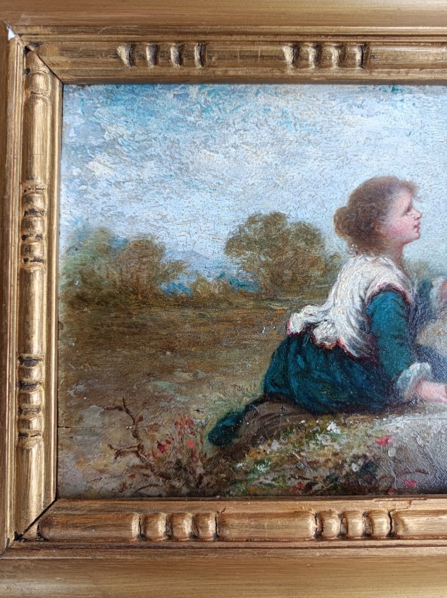 Fanny Gambogi  jeune fille à la balle huile sur panneau signé et daté 1868 -photo-3
