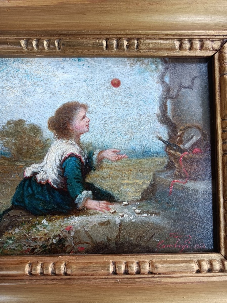 Fanny Gambogi  jeune fille à la balle huile sur panneau signé et daté 1868 -photo-4