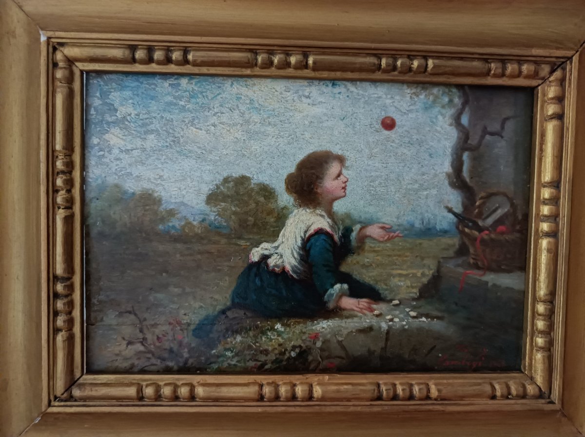 Fanny Gambogi  jeune fille à la balle huile sur panneau signé et daté 1868 