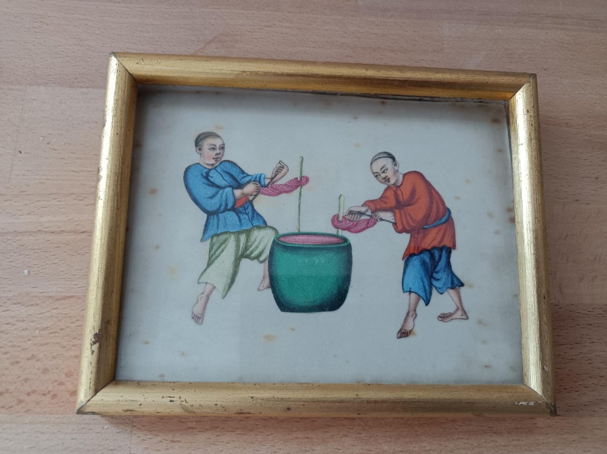 3 Gouaches On Rice Paper, Canton, China, 19th Century-photo-2