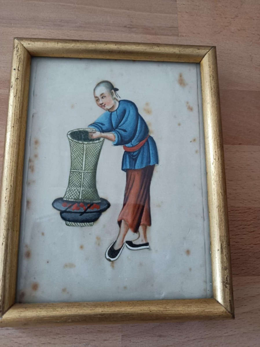 3 Gouaches On Rice Paper, Canton, China, 19th Century-photo-3