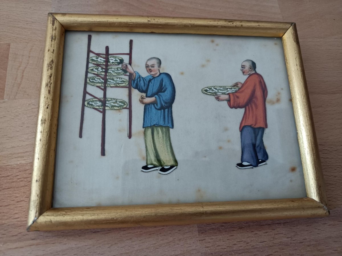 3 Gouaches On Rice Paper, Canton, China, 19th Century-photo-4