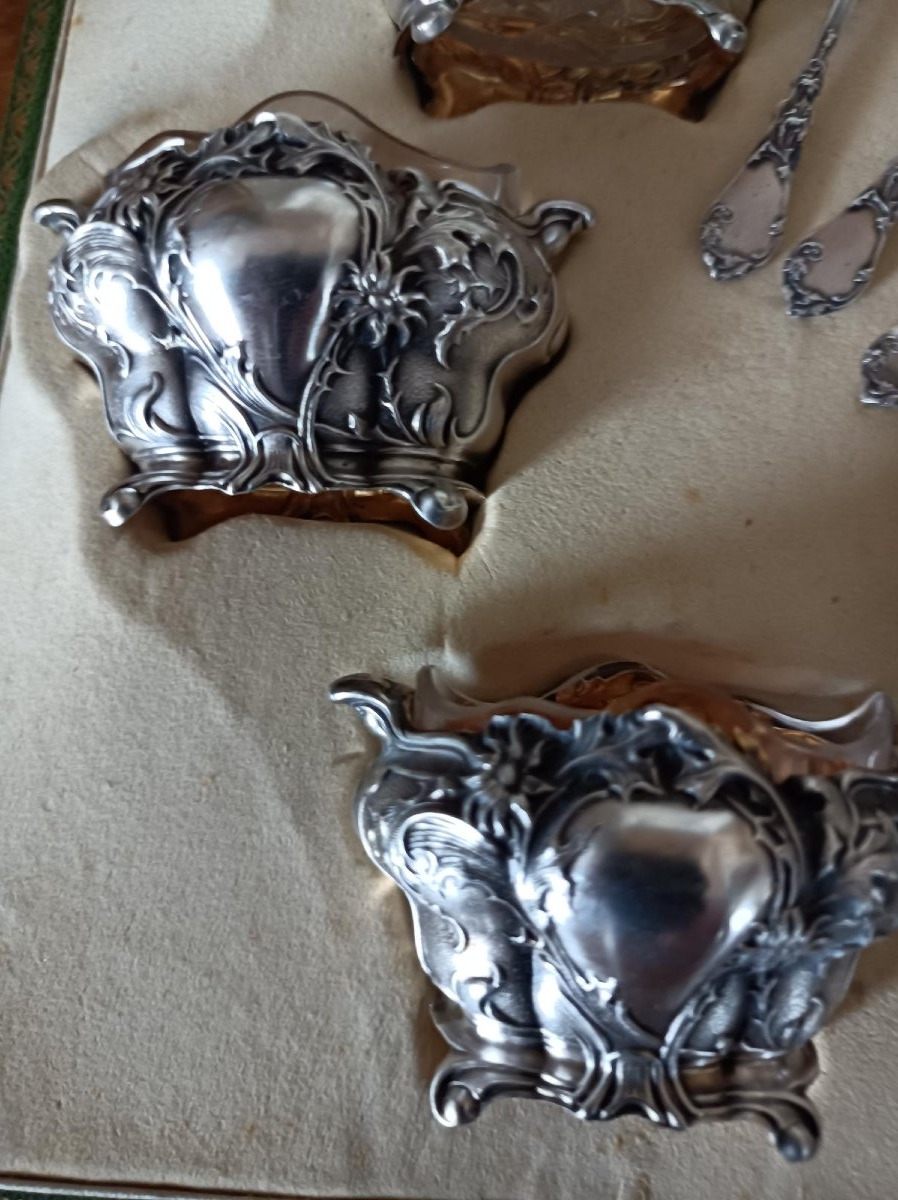Set Of 4 Salt Cellars And Their Solid Silver Scoops – Louis Coignet, 19th Arrondissement, Paris -photo-1