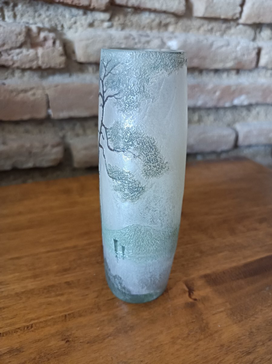  LEGRAS (1839-1916 ) vase à décor d'un paysage vosgien d'un bord de lac dégagé a l'acide -photo-2
