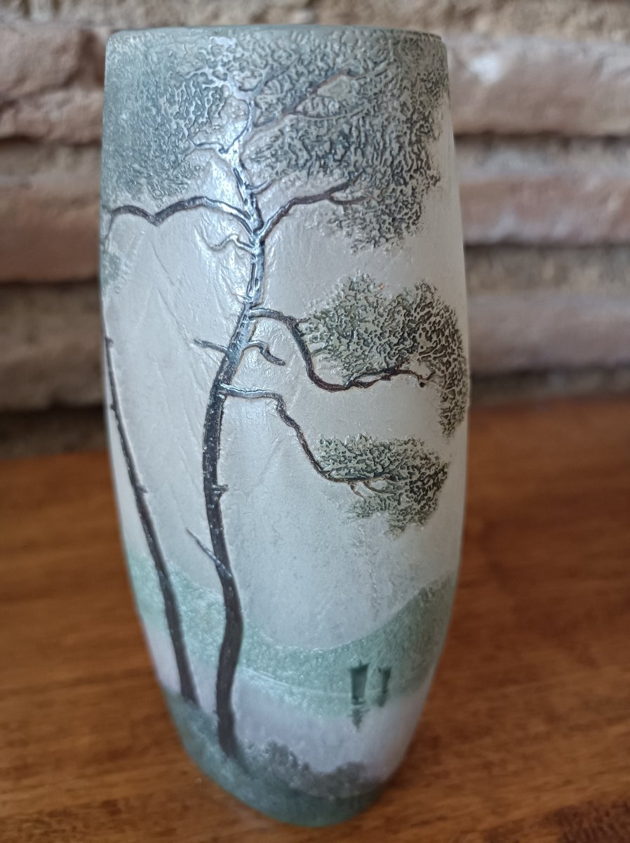  LEGRAS (1839-1916 ) vase à décor d'un paysage vosgien d'un bord de lac dégagé a l'acide -photo-1