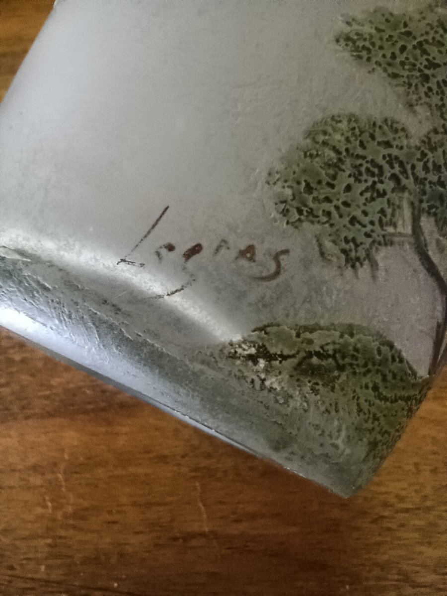  LEGRAS (1839-1916 ) vase à décor d'un paysage vosgien d'un bord de lac dégagé a l'acide -photo-4