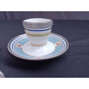 Blue Sèvres, Porcelain Egg Cups With Border & Silver Egg Spoons