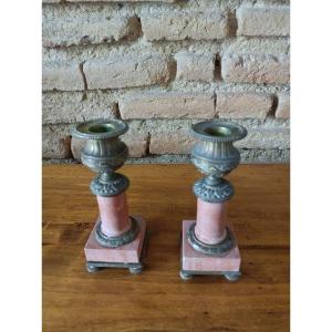 Pair Of Small Candlesticks Pink Marble And Bronze Napoleon III Nineteenth