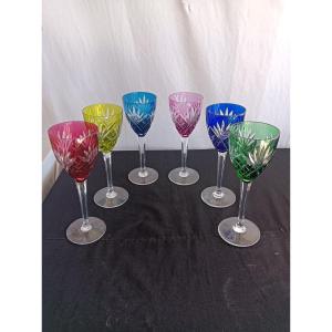 Saint Louis, 6 Colored Crystal Rhine Wine Glasses, Chantilly Model.