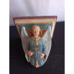 Console Support de statue d'église en plâtre polychrome blason jeanne d'arc  XIXe Siecle