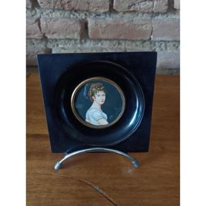 Claire De Coëtnempren De Kersain Miniature Portrait On Ivory Blackened Wood Frame Signed Hb