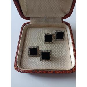 Boutons de manchettes Art Déco en platine, diamants taille rose, onyx et or 18 carats 