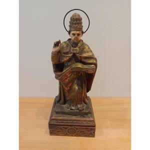 Statue Of A Saint Bishop In Carved Wood, Polychrome & Gilded Late 18th Century
