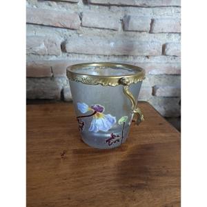 Seau à glaçons Art Nouveau en verre givré émaillé d'orchidées - vers 1900
