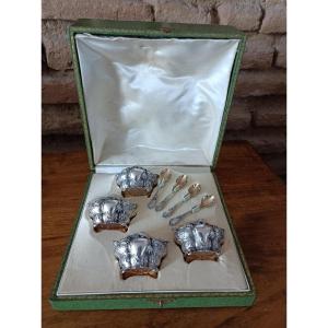 Set Of 4 Salt Cellars And Their Solid Silver Scoops – Louis Coignet, 19th Arrondissement, Paris