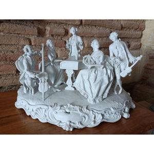 Grand biscuit, Groupe En Porcelaine De Sèvres d'un scène musical d'élégant signé XIX Siecle