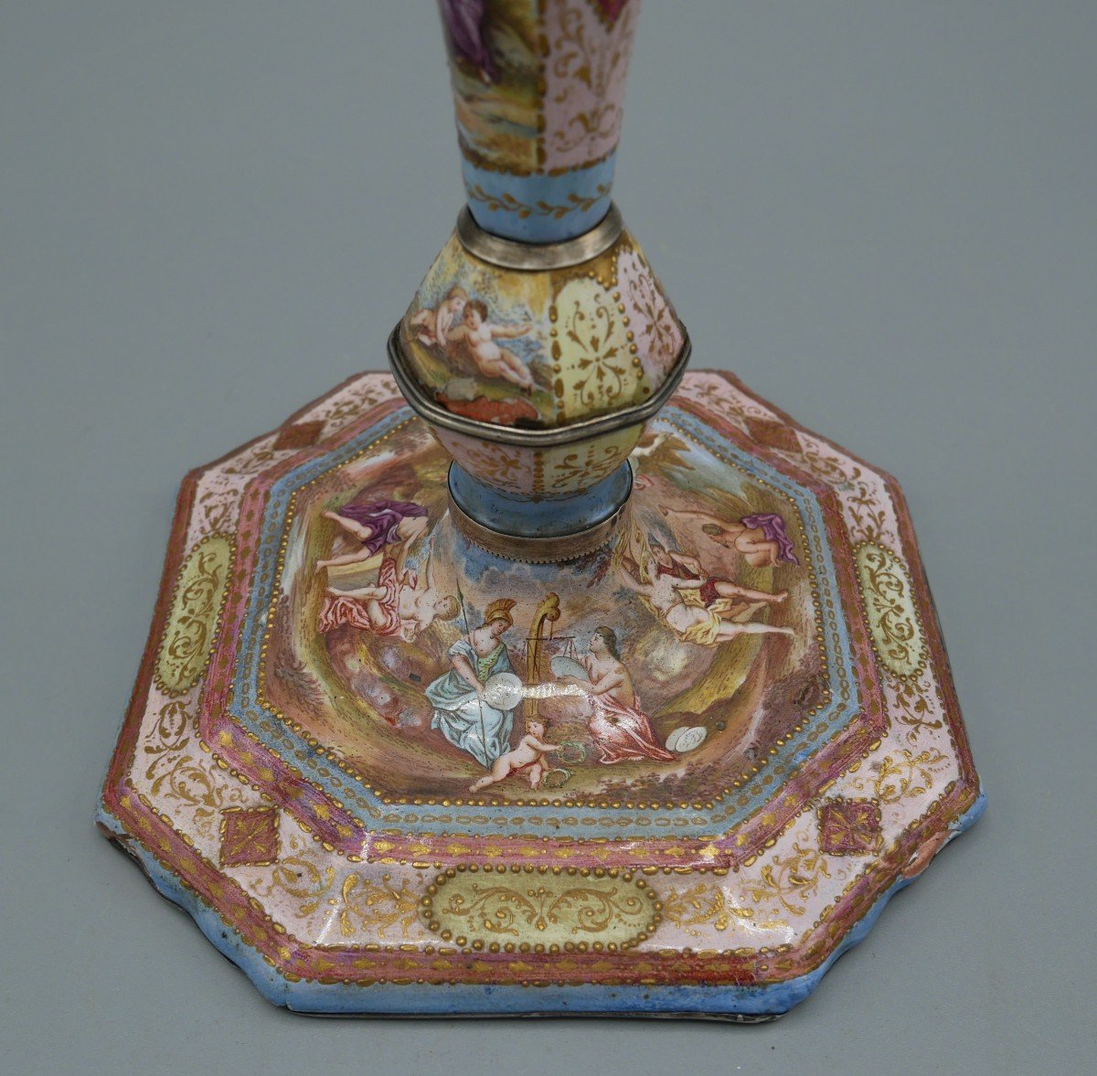 Candlestick In Enamelled Silver, Vienna Enamel, Romantic Scenes, Austria, XIXth-photo-2