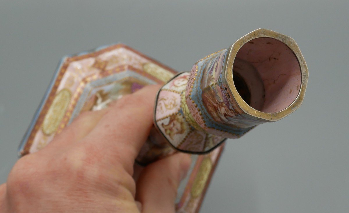 Candlestick In Enamelled Silver, Vienna Enamel, Romantic Scenes, Austria, XIXth-photo-4