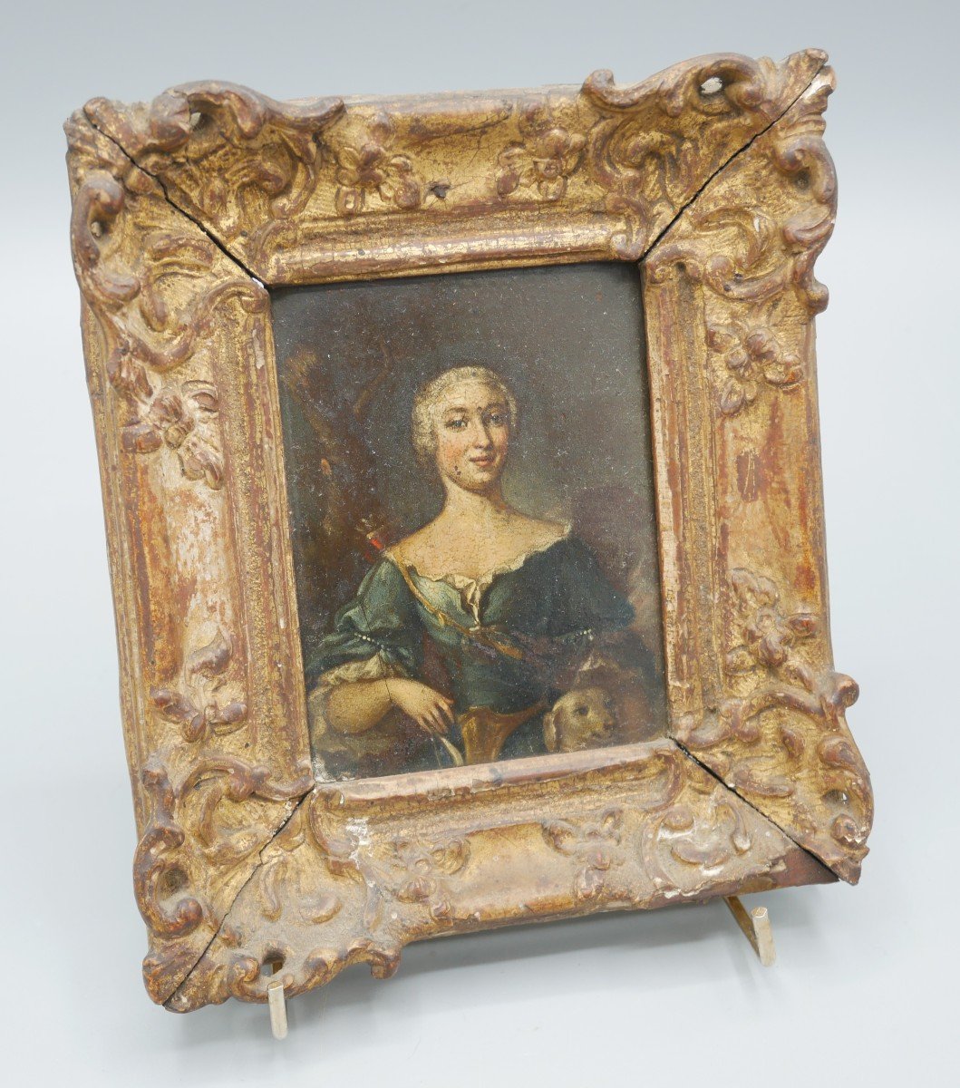 Portrait Of A Woman Of Quality, Allegory Of Diana, Dog, Oil On Copper, XVIIth Century-photo-3