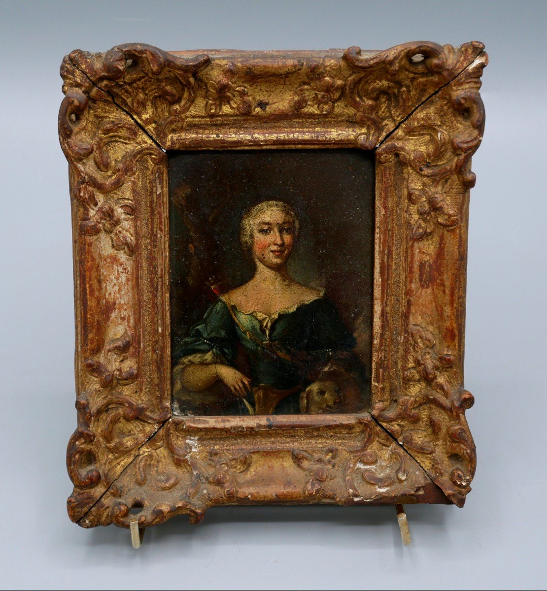 Portrait Of A Woman Of Quality, Allegory Of Diana, Dog, Oil On Copper, XVIIth Century