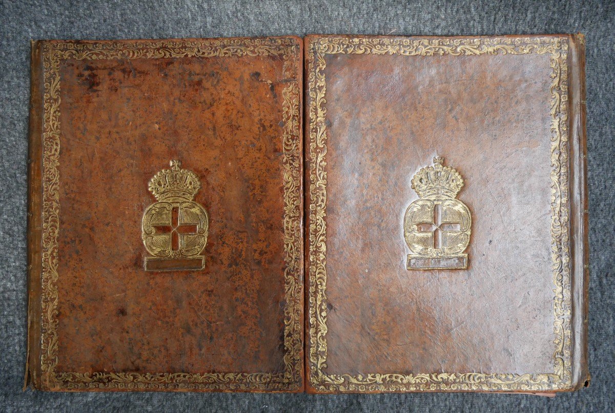 Porte-documents, Sous-main Louis XV En Cuir Doré Aux Petits Fers, Armoiries, XVIIIème Siècle-photo-2